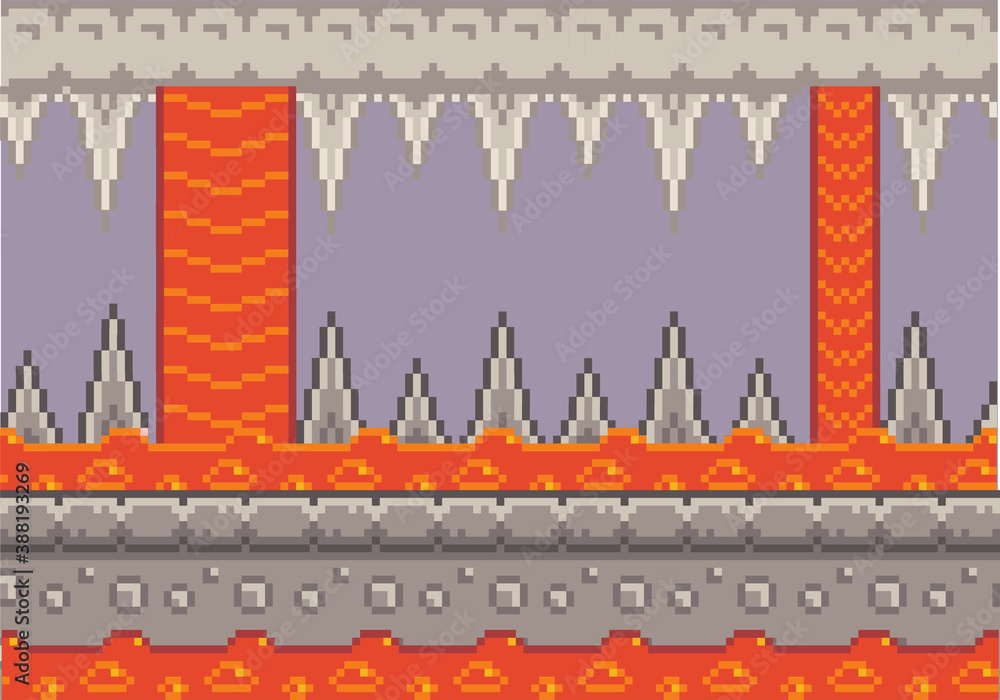 Poster pixel art game background with rocks and lava. cave game scene with concrete plarforms, dungeon with