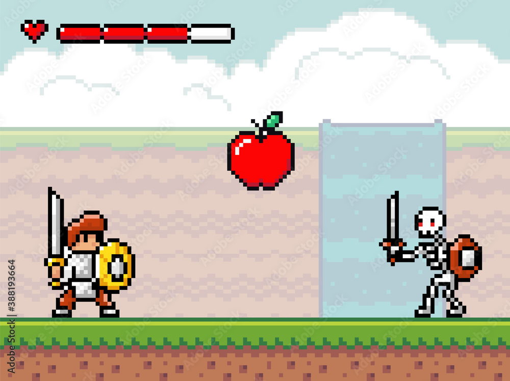 Poster pixel art style, characters in game arcade play vector illustration. game scene with a knight with a