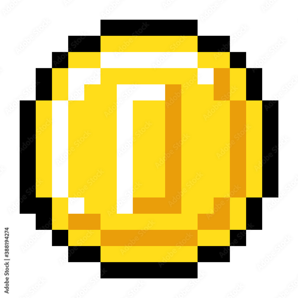 Poster pixel art style isolated vector coin for retro video game. shiner golden coin, pixel money sketch. c