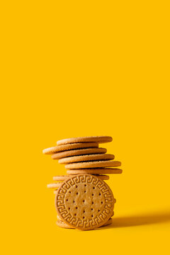 Marie Biscuits Stuck On Bright Yellow Background. Modern Cookies Concept.