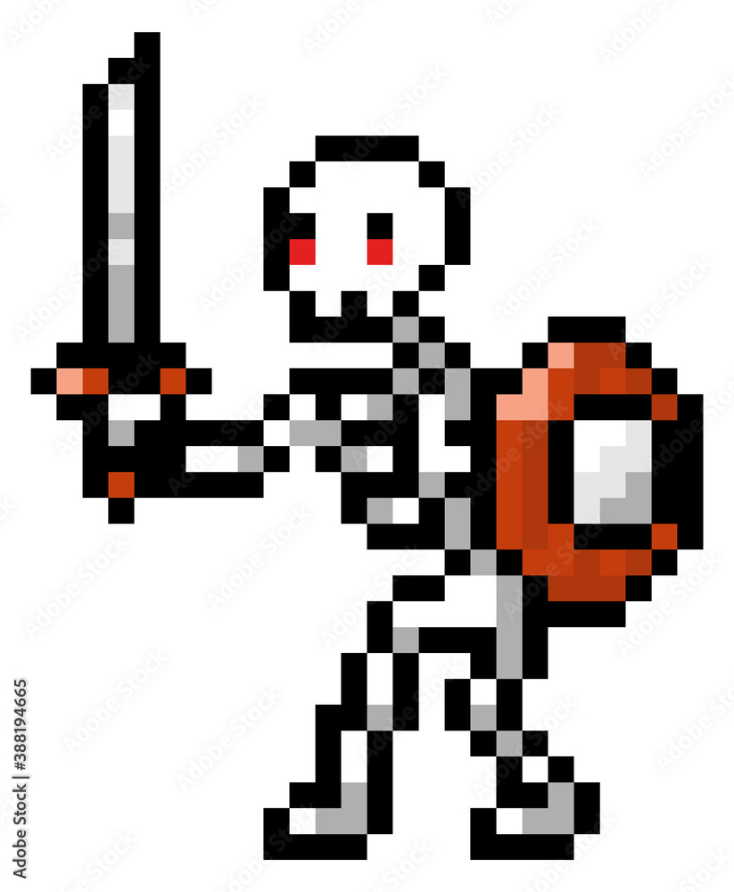 Poster vector pixel character. pixel art style. illustration of pixel skeleton with shield and sword on whi