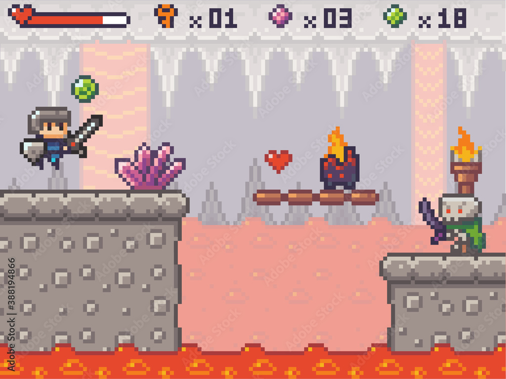 Poster pixel art character in game arcade play. man with sharp sword and shield fighting against monster al