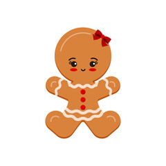 Gingerbread man girl christmas cookie icon isolated on white background. Cute xmas ginger bread vector flat design illustration. Cartoon biscuit dessert with decotarion - happy holiday winter treat.