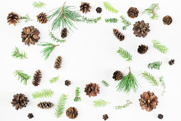 Christmas composition. Coniferous tree branches and fire cone on white background. Christmas, winter, new year concept. Flat lay, top view