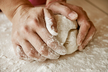 Fototapeta na wymiar woman chef holding dough with her hands, female hands in flour, female hands with dough