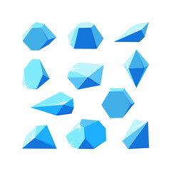 Ice crystals broken into pieces. Set of smashed blue crystals. Broken gemstones made of ice. Vector illustration in cartoon style