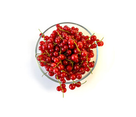 Isolated on white background red currant berries in a transparent plate