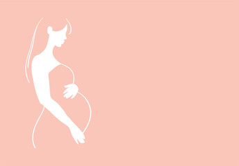 Pregnancy and motherhood, line drawing, sketch, logo, symbol. Pregnant woman, white logo on a pink background. Template for design with copy space. Isolated vector illustration.