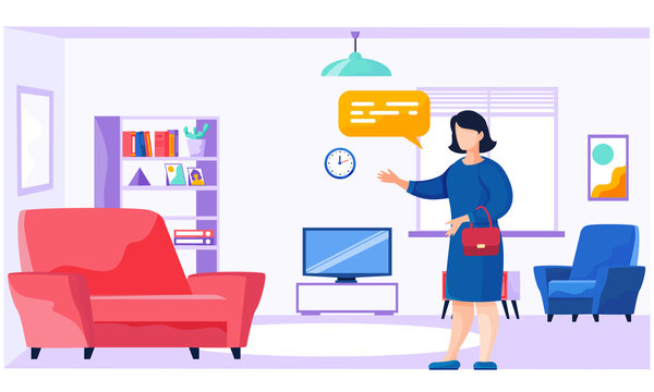 Woman In Dress With A Small Bag In A Living Room Or Office Interior With Armchairs, TV And Bookcase. Flat Vector Illustration With Female Character Talking To Someone, Holds Out Her Hand Forward