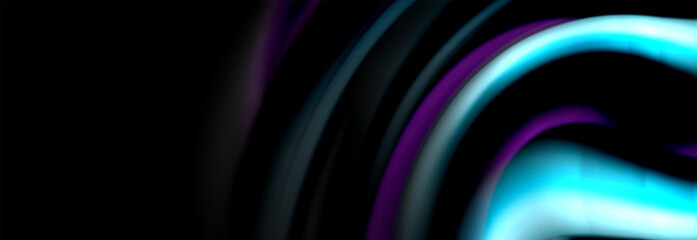 Dynamic motion abstract background. Color blurred stripes on black. Wave liquid lines poster. Vector illustration