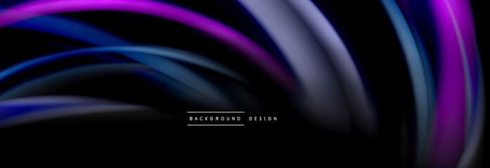 Dynamic motion abstract background. Color blurred stripes on black. Wave liquid lines poster. Vector illustration