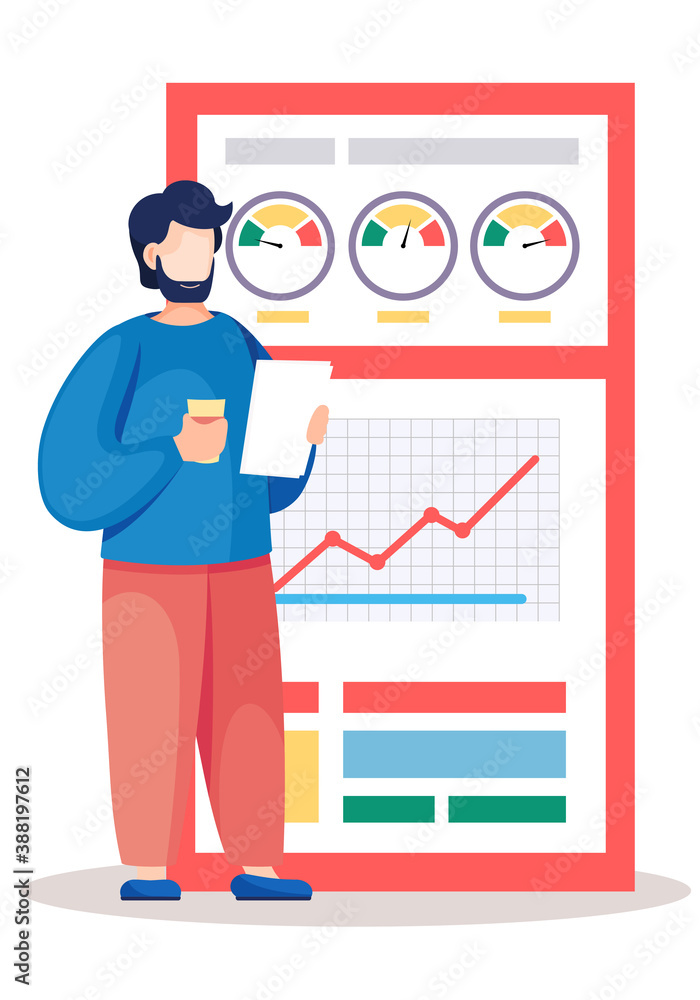 Poster bearded man analyzes graphs and charts on the background. the marketer studies information about the