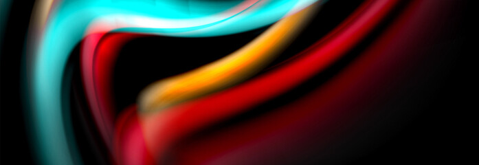 Dynamic motion abstract background. Color blurred stripes on black. Wave liquid lines poster. Vector illustration