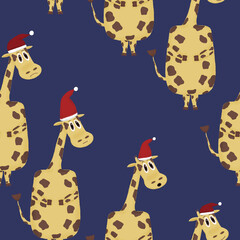 New Year seamless pattern with emotional giraffes with Santa hats on a blue background