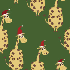 New Year seamless pattern with emotional giraffes with Santa hats on a green background