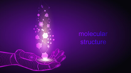 Illustration of artificial intelligence holding in its hand a molecular structure of particles.