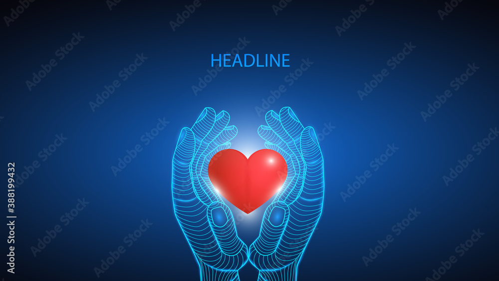 Wall mural Illustration of artificial intelligence holding a human heart in hand. Science, futuristic, web, network concept, communications, high technology.