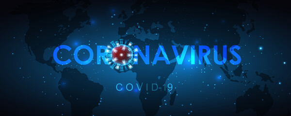 Illustration of a coronovirus cell on a world map background. Epidemic, pandemic, medicine, virus vaccine.