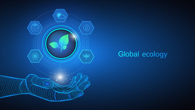 Illustration of artificial intelligence holding icons and elements in defense of global ecology in hand. Science, futuristic, web, network concept, communications, high technology.