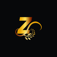 Initial Monogram Letter Z Flourishes Logo in gold color.