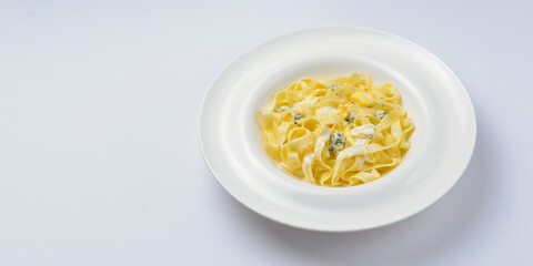 Pasta Penne with blue cheese. Traditional Italian dish pasta with cheese on top. Delicious dinner idea.
