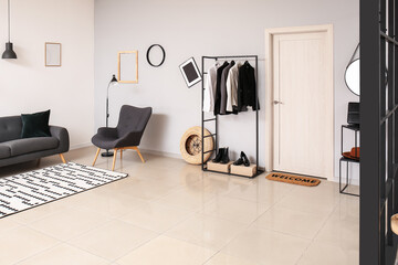 Stylish interior of modern hall in studio apartment