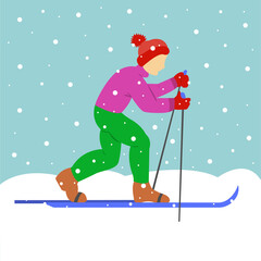 The boy is skiing. Snowing. Winter cold weather. Trendy flat design vector illustration.