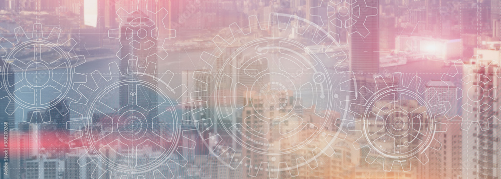 Poster gears cogwheel engineering automation solution teamwork cooperation business concept. city view webs