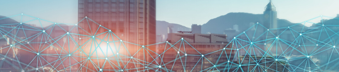 Network on city skyline at night. Connecting technology concept. Blue Lines web.