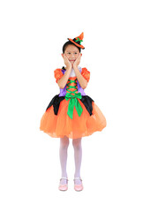 Portrait asian little kid girl in halloween costume isolated on white background.