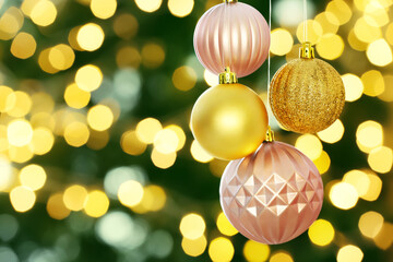 Hanging Christmas balls against blurred lights