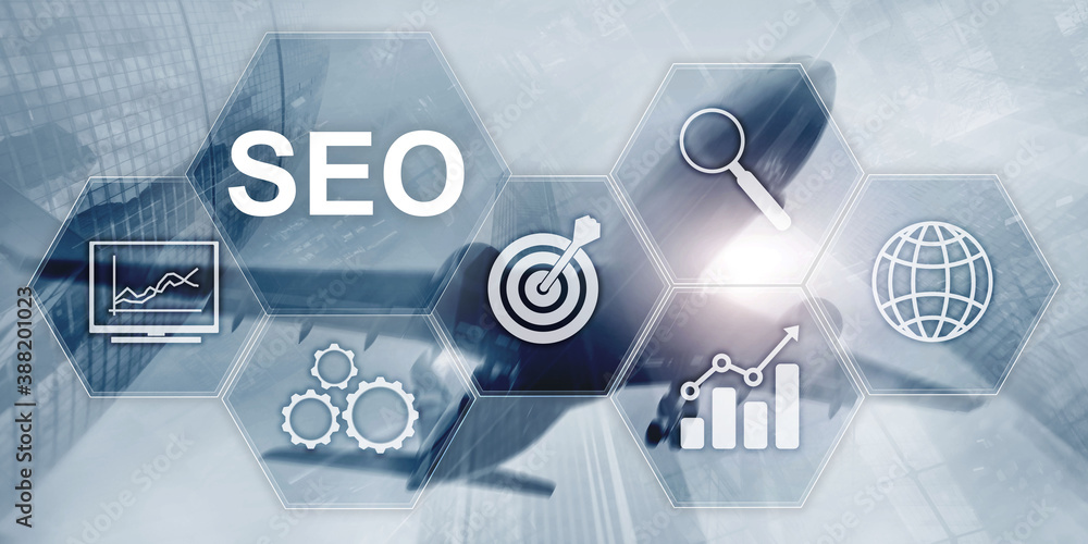 Aufkleber searching engine optimizing seo on abstract business background. mixed media.