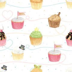 watercolor Christmas cupcakes .on pastel background seamless pattern