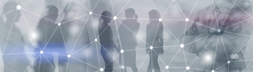 Global network link connection. Silhouettes people on modern city background.