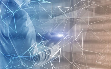 Concept of Network internet communication. 3d line. Engineer in the server room.