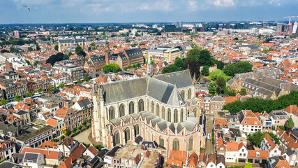 Fototapeta na wymiar Aerial drone view of Leiden town cityscape from above, typical Dutch city skyline with canals and houses, Holland, Netherlands 
