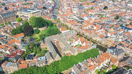 Fototapeta na wymiar Aerial drone view of Leiden town cityscape from above, typical Dutch city skyline with canals and houses, Holland, Netherlands 