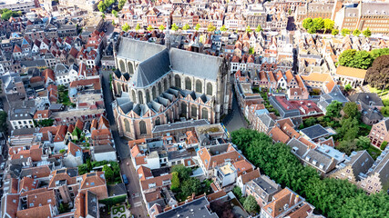 Aerial drone view of Leiden town cityscape from above, typical Dutch city skyline with canals and...