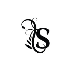 Initial Letter S Flourish Monogram in Black and White Color.