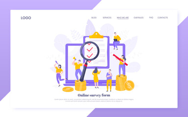 Online survey form or exam application on the monitor screen, claim form, clipboard and tiny people working together. Internet questionnaire, online education quiz vector illustration web template.