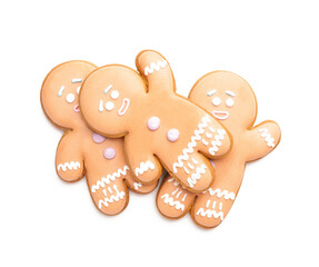 Tasty gingerbread cookies on white background