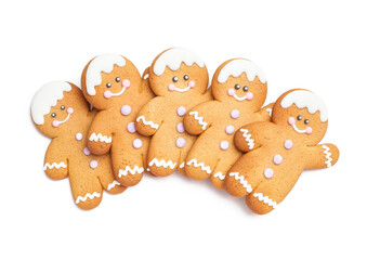 Tasty gingerbread cookies on white background