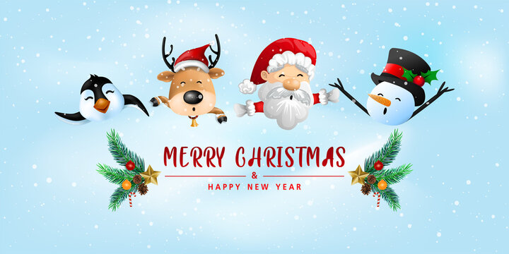 Funny Christmas Greeting Card, With Santa Claus, Deer, Snowman and penguin, vector illustration.