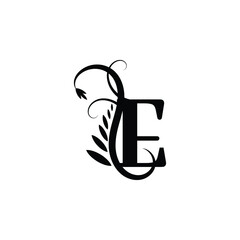 Initial Letter E Flourish Monogram in Black and White Color.