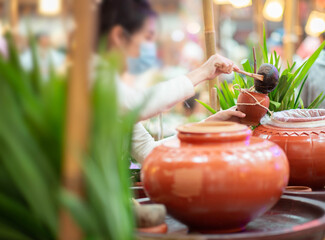 Little boy buy and jar of water Food and beverage  thailand street food