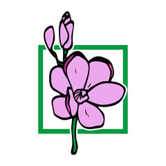 Graphical flower illustration. black flower, contour flower, bloom flower