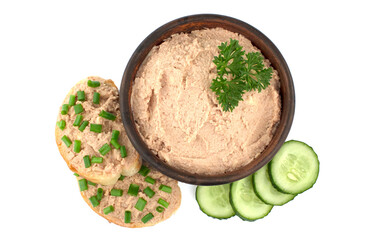Bowl of homemade chicken pate isolated on white background