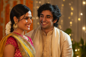 Handsome young man adoring a beautiful woman at a Diwali party	