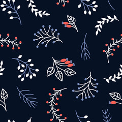 Seamless winter pattern of frozen branches and berries on a dark background. Rosehip, pine and rowan sprigs on Christmas fabric design. Flat vector illustration. 