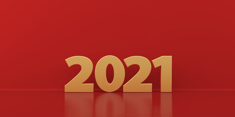 Happy New Year. Gold numbers inscription 2021 on the background of a red interior. 3d rendering. New Year's illustration for advertising. Happy New Year.